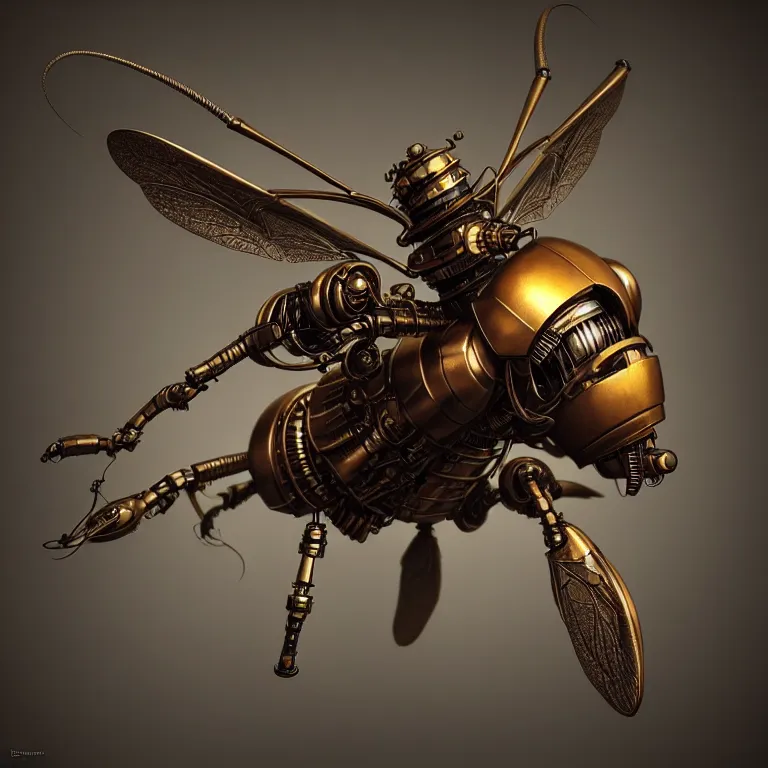 Image similar to steampunk robot hornet, 3 d model, unreal engine realistic render, 8 k, micro detail, intricate, elegant, highly detailed, centered, digital painting, artstation, smooth, sharp focus, illustration, artgerm, tomasz alen kopera, wlop