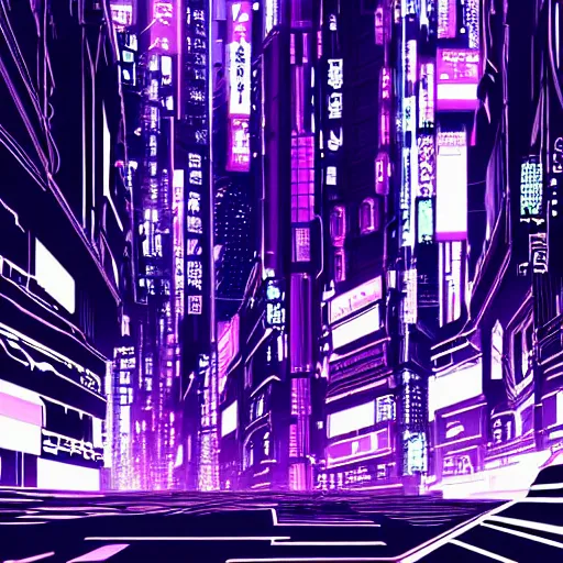 Image similar to Cyberpunk neon Tokyo skyline in style of Tsutomu Nihei in purple and black tones. Cyberpunk, vertical symmetry, 8K, Highly Detailed, Intricate.