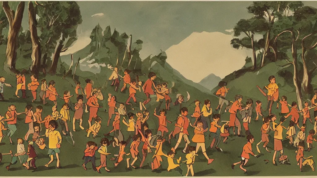 Image similar to A vintage scientific illustration from the 1970s of the Pied Piper luring hundreds of children up a hill while playing his pipe by Wes Anderson