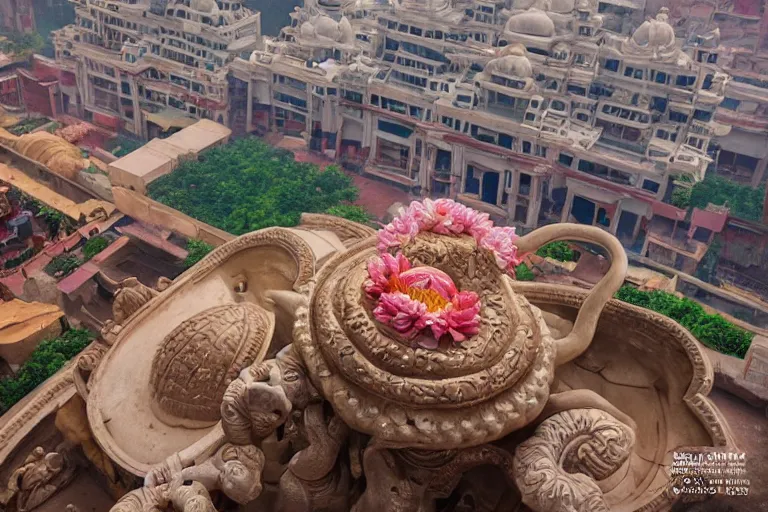 Image similar to beautiful dreamy! biomorphic new delhi, hanuman!! head building, kalighat flowers, octane sharp cinematic, stephen shore & john j. park, soft morning light, wide shot, aerial shot, uhd 8 k, shallow depth of field