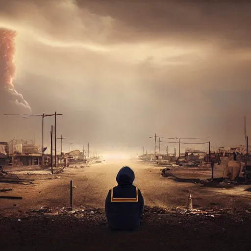 Prompt: a beautiful award-winning photo of the last man on Earth wearing a hazmat suit, sitting and depressed, serene post-nuclear background, a huge nuclear cloud, a mirage of a skyline of a destroyed city, numerous fires, volumetric lighting, haze, very high quality, extremely detailed, subtle visual noise, 8K