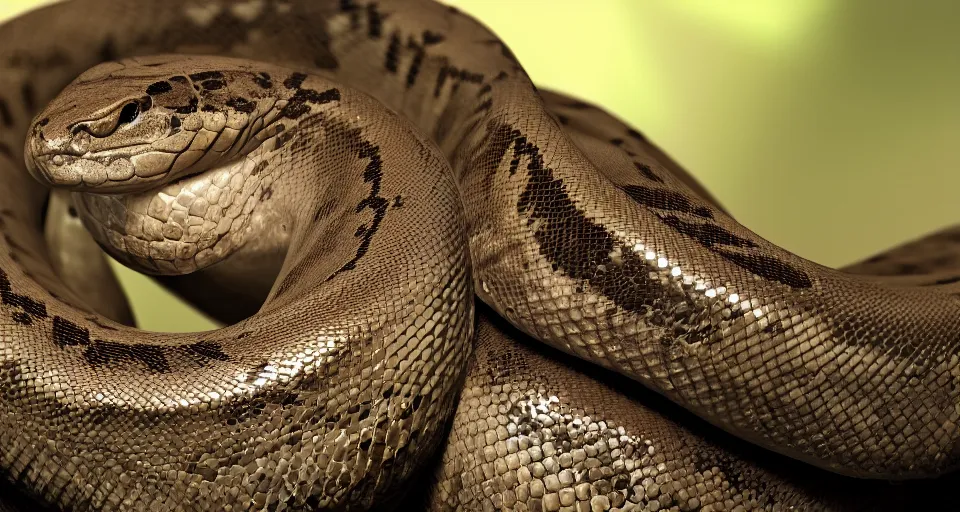 Image similar to closeup portrait of a python slithering around in a jungle environment, dramatic lighting, cinematic, octane render, cgsociety, artstation, 4k