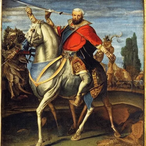 Image similar to donald trump, wearing knight ’ s armor, holding a spectacular broadsword, by annibale carracci, full body