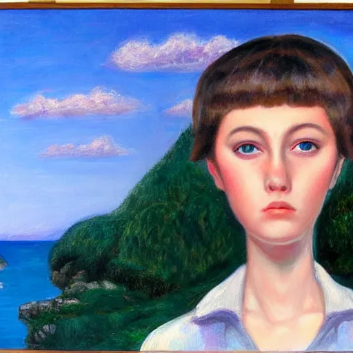 Image similar to a portrait of a character in a scenic environment by Margaret Keane