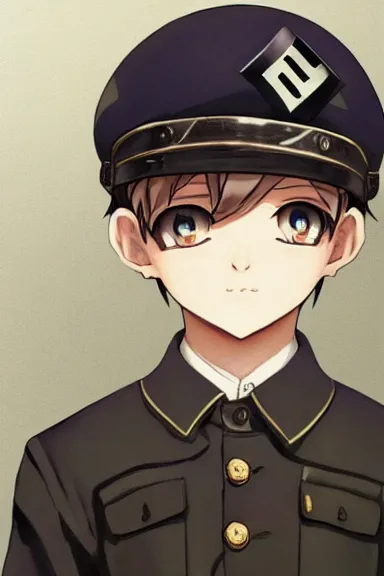 Prompt: beautiful little boy in nazi male uniform. made in abyss art style, sharps focus, pose, cute detailed artwork, anatomically correct, ilya kuvshinov, reflection, perfect composition, aesthetic mobile wallpaper, digital art, detailed anime soft face, symmetrical face, western comic, illustration, realistic, smooth, lois van baarle, soft details