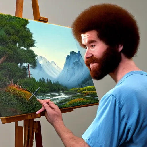 Image similar to a closeup photorealistic photograph of bob ross working on a canvas painting of spiderman. film still. brightly lit scene. mountains and trees. this 4 k hd image is trending on artstation, featured on behance, well - rendered, extra crisp, features intricate detail, epic composition and the style of unreal engine.