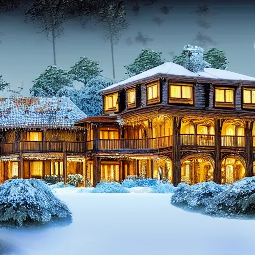 Prompt: wooden mansion in the woods snow, lights large lake highly realistic photorealistic - n 5