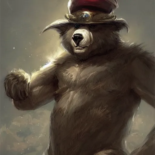 Prompt: dashing charming grinning charismatic bear beast-man, wearing captain's tricorne hat, naval background, amazing, lifelike award winning pencil illustration trending on art station artgerm Greg rutkowski cinematic