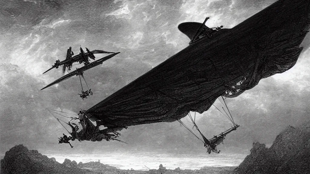 Image similar to drawing of an ornithopter flying toward a desert storm, by gustave dore, nineteenth century, black and white, vintage, science fiction, epic composition, dramatic lighting, highly detailed, cinematic