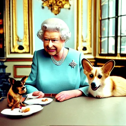 Image similar to paparazzi photo of queen elizabeth sipping on a gin martini with her corgis who are also sipping gin martinis, the corgis are wearing sweaters, royal palace interior, natural sunlight, soft focus, highly detailed