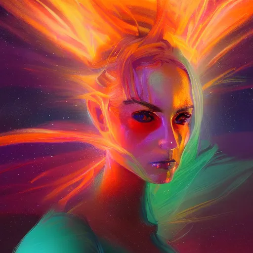 Image similar to colorful character portrait of a woman in a dark desert lit by the stars, wispy smoke, highly detailed face, very intricate, symmetrical, cinematic lighting, award - winning epic painting, painted by mandy jurgens, pan futurism, dystopian, bold colors, dark vibes, cyberpunk, groovy vibe, anime aesthetic, featured on artstation