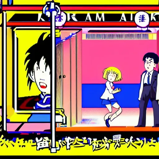 Prompt: ivanka trump running from donald trump, sprite, vaporwave nostalgia, directed by beat takeshi, visual novel cg, 8 0 s anime vibe, kimagure orange road, maison ikkoku, sketch by akira toriyama