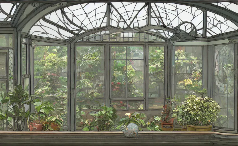 Prompt: japanese greenhouse, bay window, indoor, architecture, highly detailed, digital painting, artstation, art nouveau, concept art, sharp focus, illustration