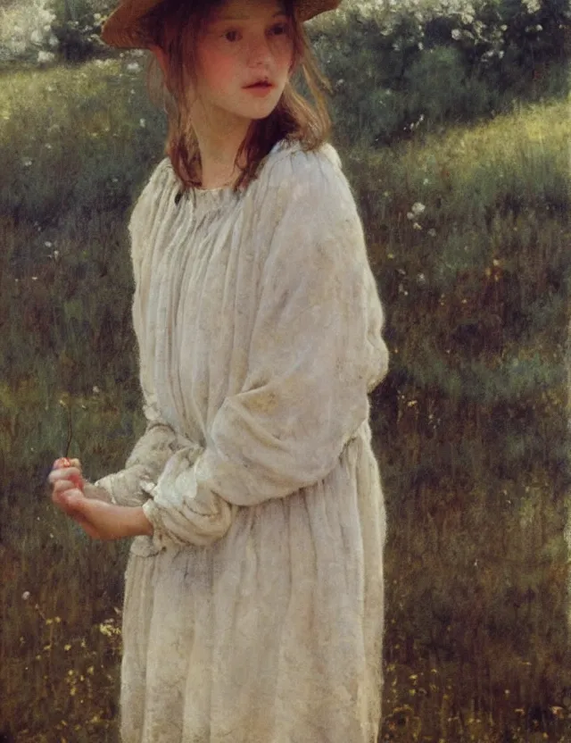 Image similar to peasant girl painting on a canvas, cottage core, cinematic focus, polaroid photo bleached vintage pastel colors high - key lighting, soft lights, foggy, by steve hanks, by lisa yuskavage, by serov valentin, by tarkovsky, detailed, oil on canvas