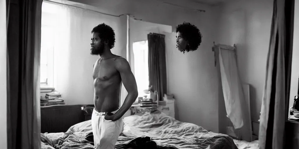 Image similar to a black and whirte portrait of a handsome guy posing in an east village bedroom, morning light, natural, long, brown curly hair, by larry clark award winning photograph