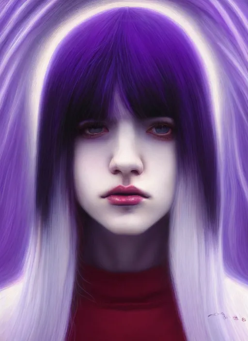 Image similar to hair whitebangs hair, black hair, whitebangs, portrait of teenage girl with white bangs, red irises, purple clothes, white bangs, bangs are different color from hair, intricate, elegant, glowing lights, highly detailed, digital painting, artstation, concept art, smooth, sharp focus, illustration, art by wlop, mars ravelo and greg rutkowski