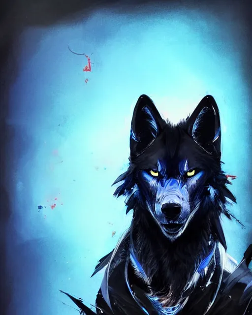 Prompt: concept art of a black wolf with blue neon wings, highly detailed painting by dustin nguyen, akihiko yoshida, greg tocchini, 4 k, trending on artstation, 8 k