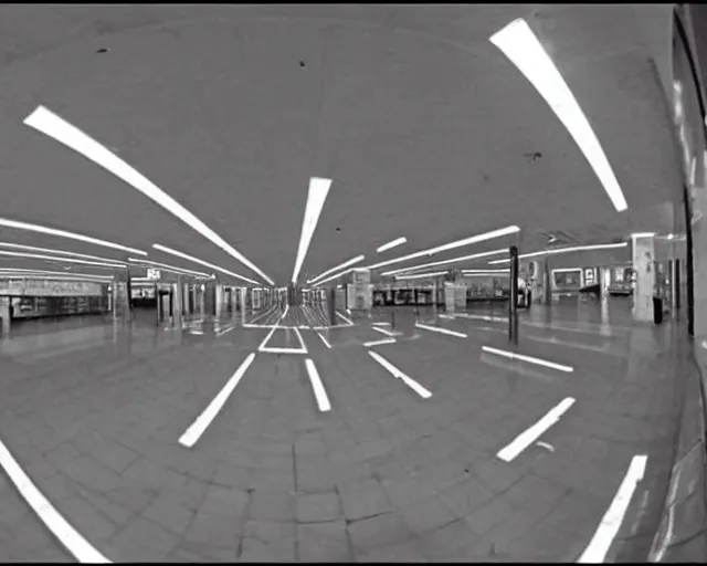 Prompt: camera footage of an abandoned shopping mall overflowing with various spiders, high exposure, dark, monochrome, camera, grainy, CCTV, security camera footage, timestamp, zoomed in, fish-eye lense, fish-eye lense