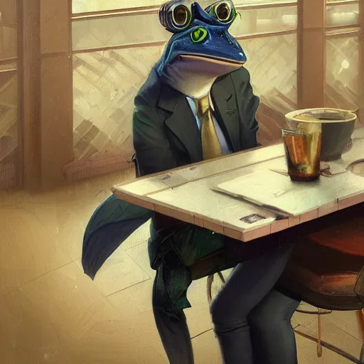 Image similar to Frog wearing business casual attire sitting in a bar and eating a bowl full of flies, digital painting, detailed, artstation, Krenz Cushart, Greg Rutkowski, Alphonse Mucha, Artgerm