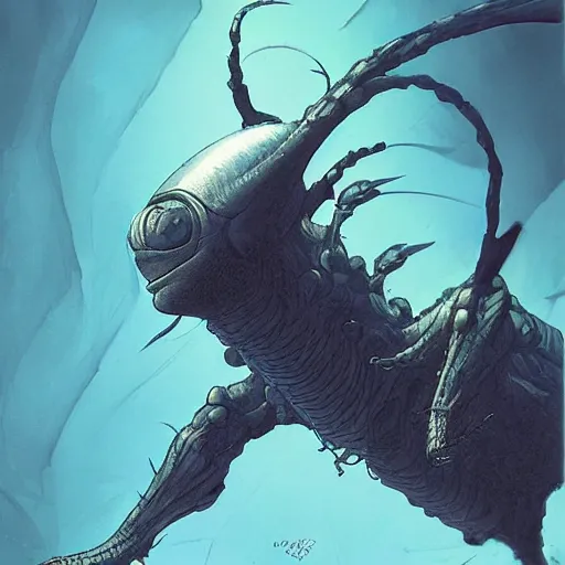 Prompt: giant humanoid fly against dark background, fluid, smooth, organic, crazy, high contrast, sharpness, dramatic, very detailed, simple shapes, by greg rutkowski and artgerm and siudmak and richard corben and moebius