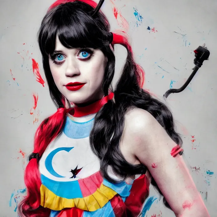 Image similar to portrait of Zooey Deschanel as a harley quinn. intricate abstract. intricate artwork. by Tooth Wu, wlop, beeple, dan mumford. octane render, trending on artstation, greg rutkowski very coherent symmetrical artwork. cinematic, hyper realism, high detail, octane render, 8k, iridescent accents