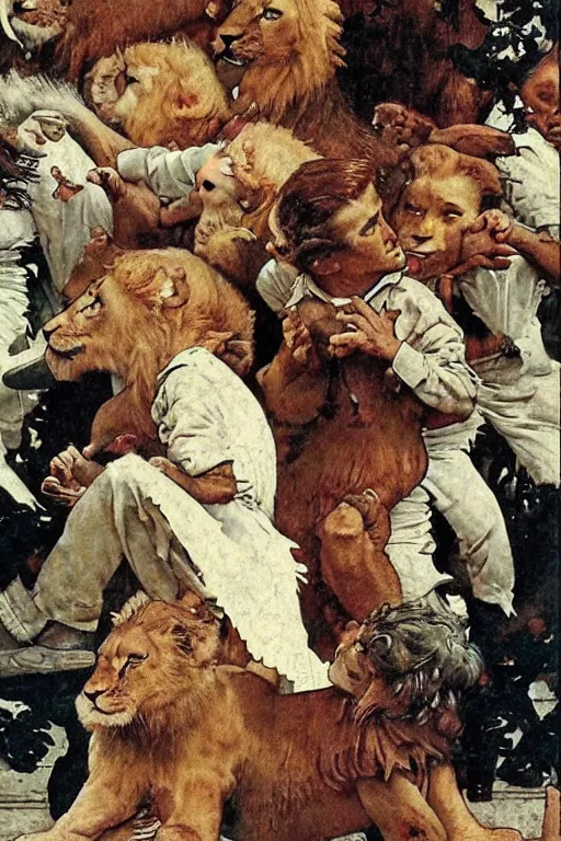 Prompt: sad lions dancing with angels by norman rockwell