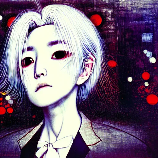 Image similar to yoshitaka amano blurred and dreamy realistic portrait of a woman with white hair and black eyes wearing office suit with tie, junji ito abstract patterns in the background, satoshi kon anime, noisy film grain effect, highly detailed, renaissance oil painting, weird portrait angle, blurred lost edges, three quarter view