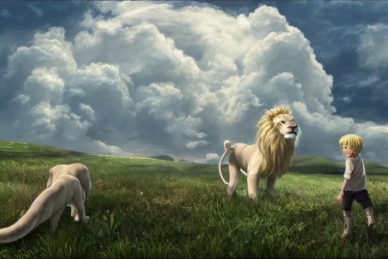 Image similar to a vast scene, panorama distant view, hyper detailed scene render of a boy and white lion, gather in the center of the picture, finely detailed perfect face delicate features directed gaze, in the white clouds fairyland, golden curve structure, animation portrait concept art, trending on pixiv fanbox, violet evergarden, studio ghibli, james jean, extremely high quality artwork