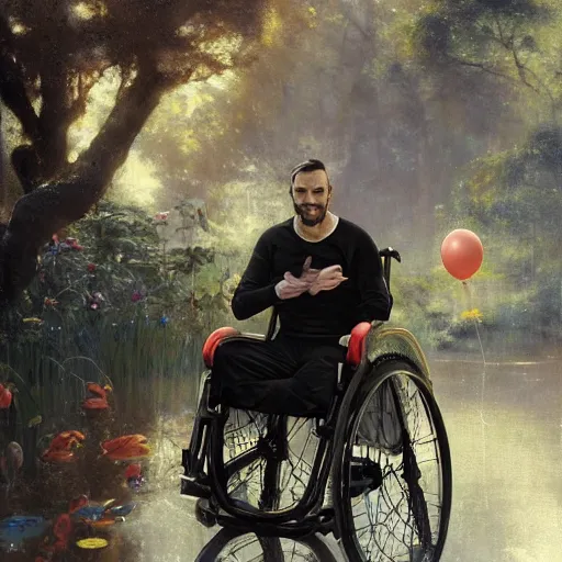 Image similar to handsome portrait of a wheelchair guy fitness posing, radiant light, caustics, war hero, smooth, one legged amputee, reflective koi pond, party balloons, white orchids, mushrooms, lush garden surroundings, by gaston bussiere, bayard wu, greg rutkowski, giger, maxim verehin