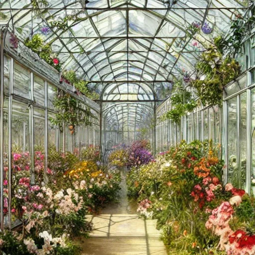 Image similar to a beautifull intricate watercolour painting of a greenhouse with many flowers, reflexions, verry high details by william turner art, greg rutkowski and alphonse mucha, trending on artstation, very very detailed, masterpiece, - h 7 0 4