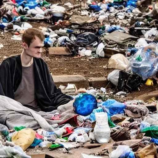 Prompt: Vitalik Buterin as a homeless wizard prentending to cast a spell , ethereum logo can be seen in the surrounding garbage - Photo manipulated by DALLE