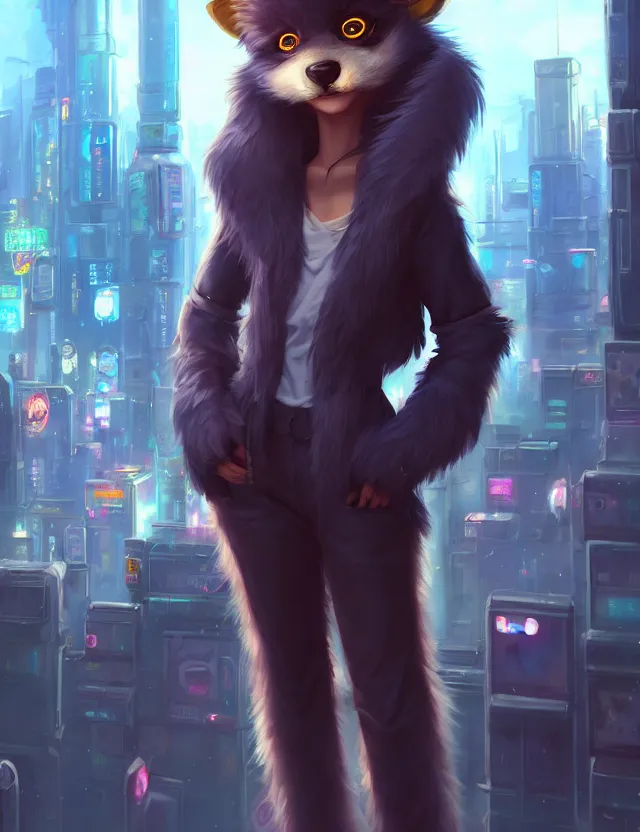 Image similar to cute young anthropomorphic furry in cyberpunk city | | cute - fine - face, pretty face, key visual, realistic shaded perfect face, fine details by stanley artgerm lau, wlop, rossdraws, james jean, andrei riabovitchev, marc simonetti, and sakimichan, trending on artstation