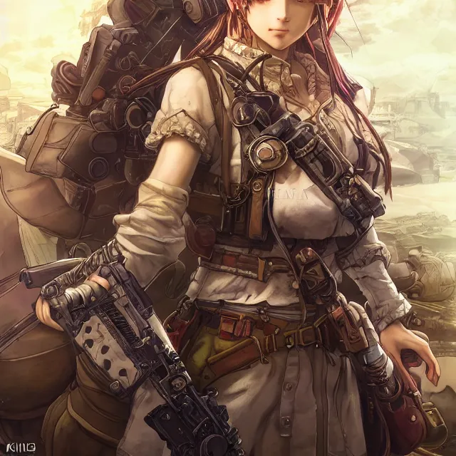 Image similar to the portrait of lawful neutral semi - colorful female infantry gunner as absurdly beautiful, gorgeous, elegant, young anime woman, an ultrafine hyperdetailed illustration by kim jung gi, irakli nadar, intricate linework, bright colors, octopath traveler, final fantasy, unreal engine 5 highly rendered, global illumination, radiant light, detailed and intricate environment