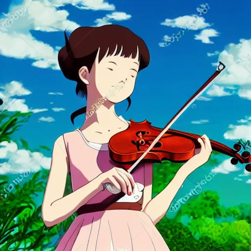 Prompt: cell shaded key visual of a young girl in a floral playing dress the violin in the style of studio ghibli, moebius, makoto shinkai,