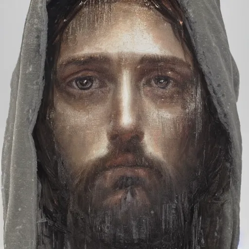 Image similar to a face portrait of modern - day jesus wearing hat and hoodie by nicola samori, hat and hoodie, detailed, oil painting, hyper - realistic, 8 k, yeezy collection