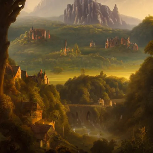 Image similar to Vast verdant valley surrounded by Transylvanian mountains, with a large zeppelin hovering in the foreground, and a ruined medieval castle on the hillside in the background. No villages. Late evening light in the summer, gloomy weather. Hyperrealistic, high quality, sharp, highly detailed, peter mohrbacher,.