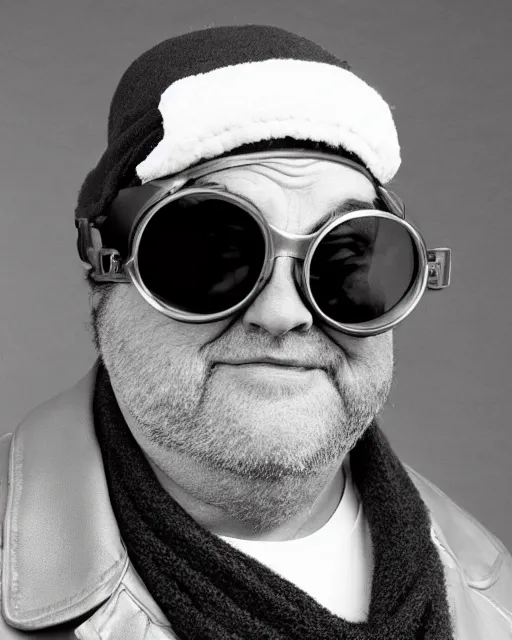 Image similar to headshot of josh mostel wearing a leather cap and aviator goggles, he is also wearing an a 2 flight jacket, a long white scarf is wrapped around his neck, he has a 5 o'clock shadow, a crazed angry look on his face