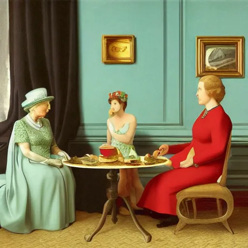 Prompt: the queen of england having tea and bisquits by Raphael, Hopper, and Rene Magritte. detailed, romantic, enchanting, trending on artstation.