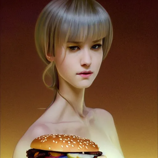 Image similar to an attractive serene cute android eating a hamburger, luscious sesame seed buns with extra ketchup pickles and onions, partially human , partially biomedical design , natural atmosphere, great high details, highly reaslitic, cinematic lighting, intricate, elegant, super highly detailed, art station, concept arD, beautiful, delicate, art by artgerm and greg rutkowski and alphonse mucha and loish and WLOP