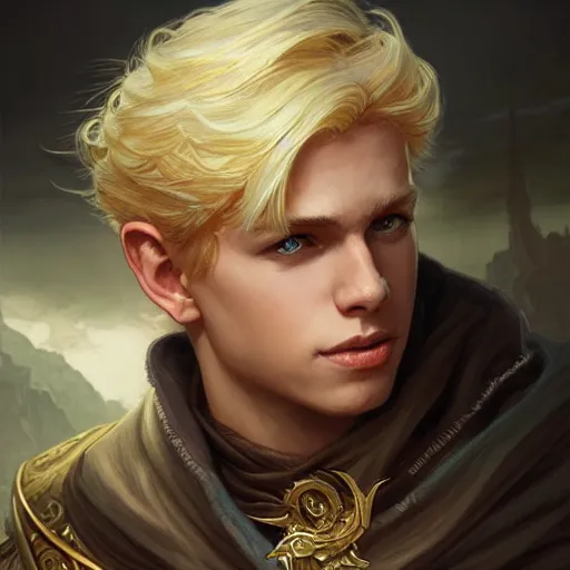 Image similar to an epic fantasy comic book style portrait painting of a young over confident blonde boy wearing plain thief clothes, d & d, fantasy, intricate, elegant, highly detailed, digital painting, artstation, concept art, matte, sharp focus, illustration, art by artgerm and greg rutkowski and alphonse mucha
