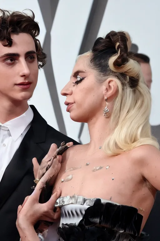 Image similar to timothee chalamet and lady gaga holding hands on the red carpet, beautiful detailed faces, canon eos