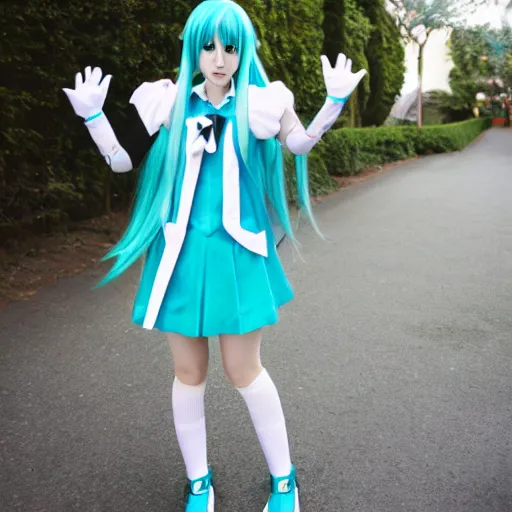 Image similar to Hatsune Miku cosplay, full-length photo, 35 mm