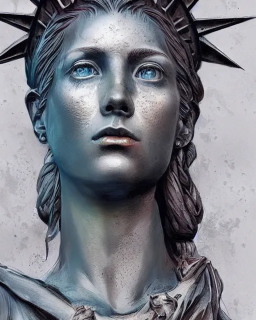 Prompt: portrait beautiful real woman as the statue of libertyhyper realistic face, beautiful eyes, fantasy art, in the style of greg rutkowski, intricate, hyper detailed, smooth