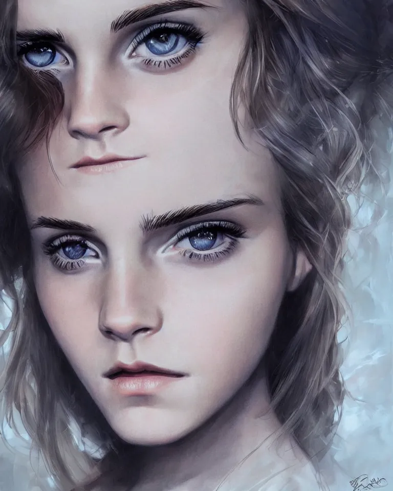 Image similar to emma watson with big eyes, beautiful eyes, blue eyes, green eyes, lovely eyes, red eyes, glowing eyes, by artgerm and greg rutkowski