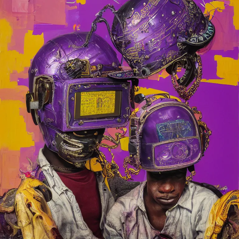 Prompt: portrait of a caribbean welder in ornate motorcycle helmet, background purple plastic bag, circuitboard, rich deep colors, ultra detail, by francis bacon, james ginn, petra courtright, jenny saville, gerhard richter, zdzisaw beksinsk, takato yamamoto. stanley kubrick mood, masterpiece, elegant fashion, studio ighting, 3 5 mm