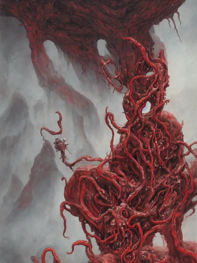 Image similar to wayne barlowe painting of a flying sorrowful looking severed human head with tears running down it's eyes, face that is chalk white in color, with long white tentacles stemming from it's neck, fiery scorching red eyes, background sprawling terrifying hellish cave with lava flowing through it's walls, 4 k