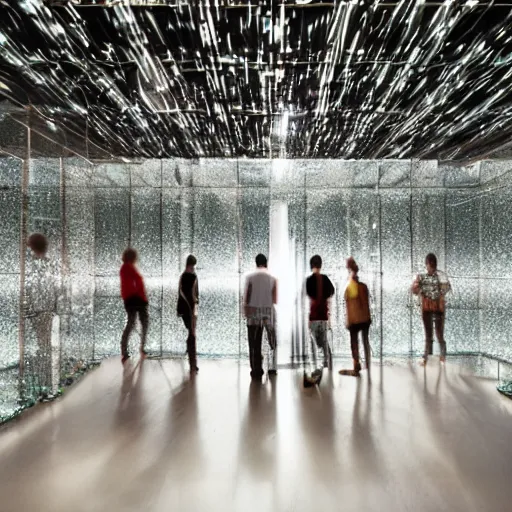 Prompt: backlit photo of several people made of glass standing inside a room made of glass in a building made entirely of glass