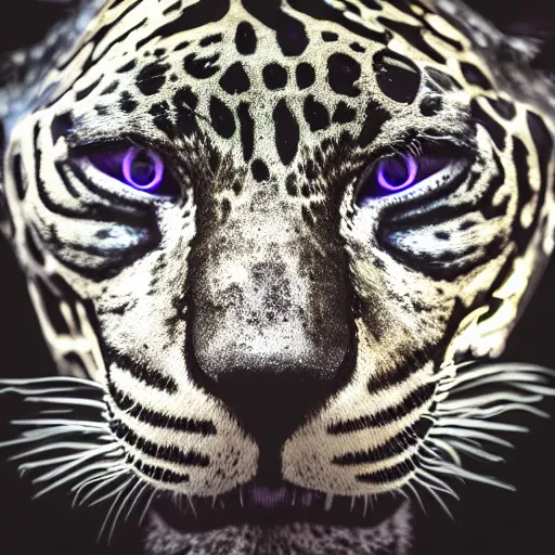 Image similar to portrait photography of a silver jaguar sculpture with glowing purple eyes