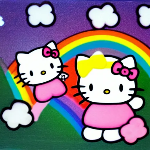 Image similar to Hello kitty riding a unicorn over a rainbow,