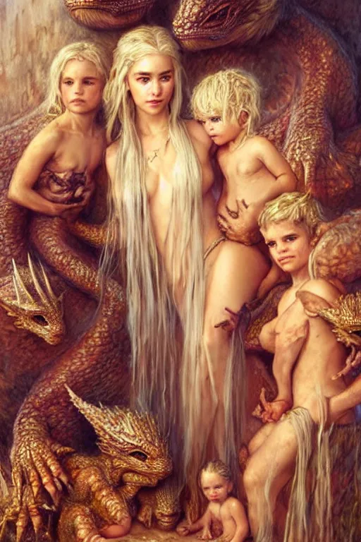 Image similar to portrait of daenerys targaryen surrounded by three baby dragons. art by gaston bussiere and tomacz alen kopera.